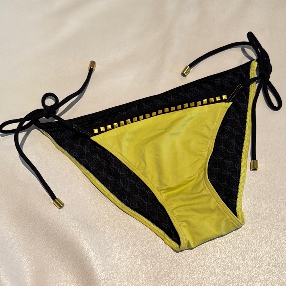 Victorias secret small black and green Bikini Bottom with Gold Accents side ties